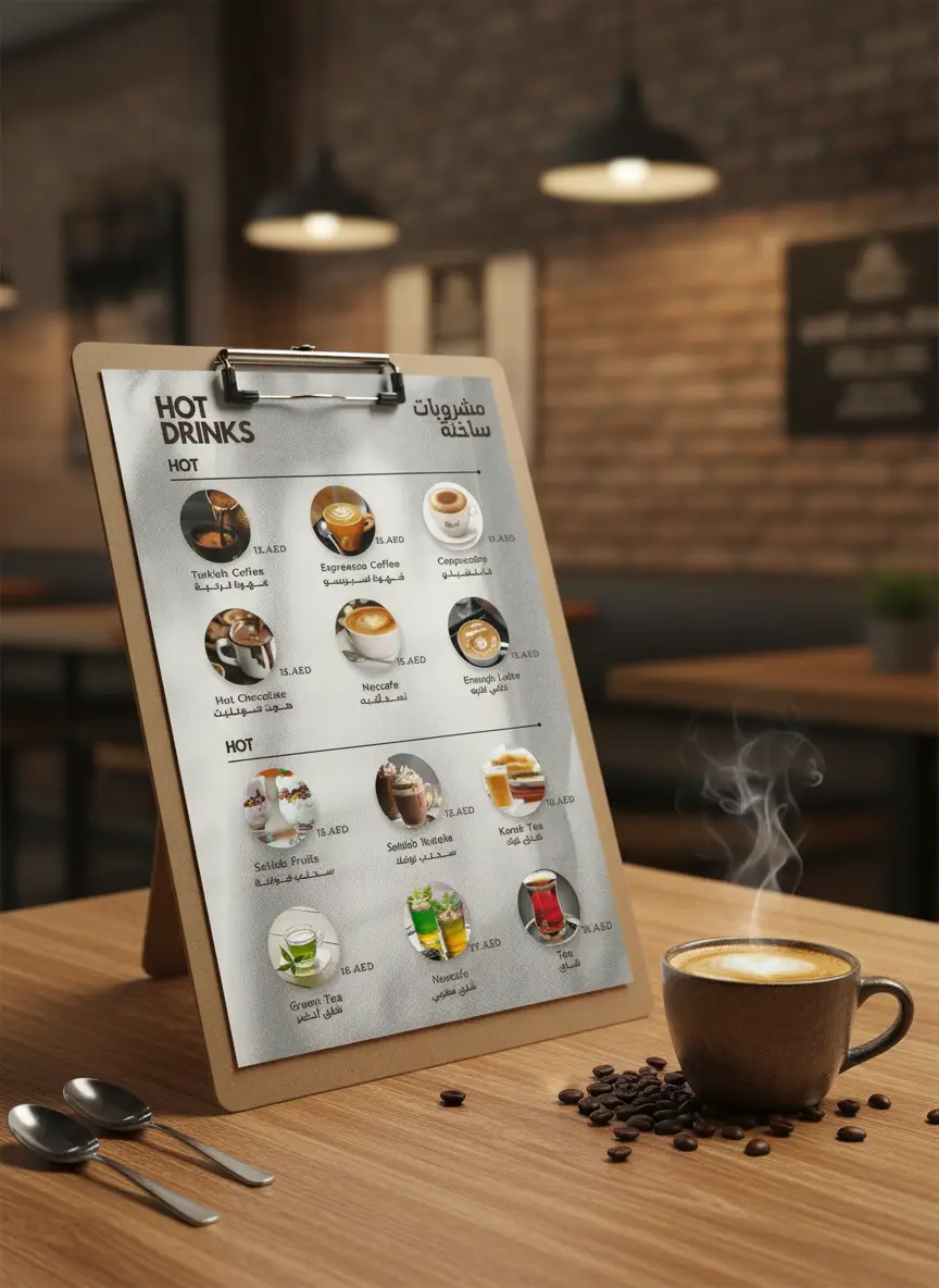 منيو مشروبات ساخنة مع صور واقعية
