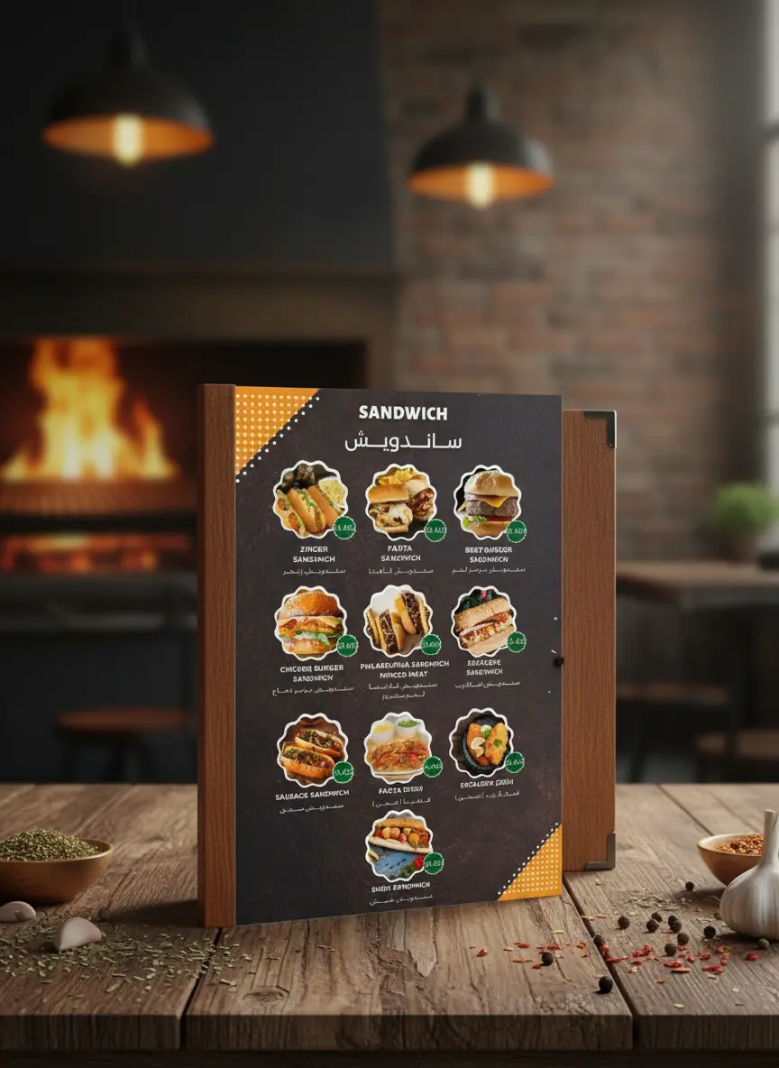 تصميم منيو مطعم مع صور أصناف الطعام
